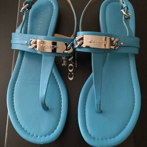 Coach Turquoise Leather T-Strap Sandals with Silver Plaque Accent